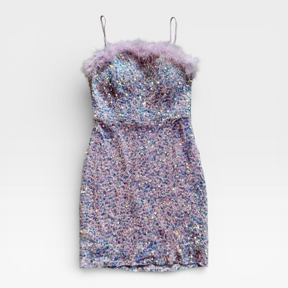 Crystal Doll Sequin Dress Size Medium Purple Feather Trim Y2K Party Formal Mini - Picture 2 of 6